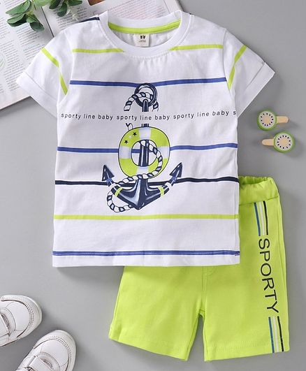 ToffyHouse Half Sleeves Stripe Tee & Shorts Anchor Print - White Light Green
