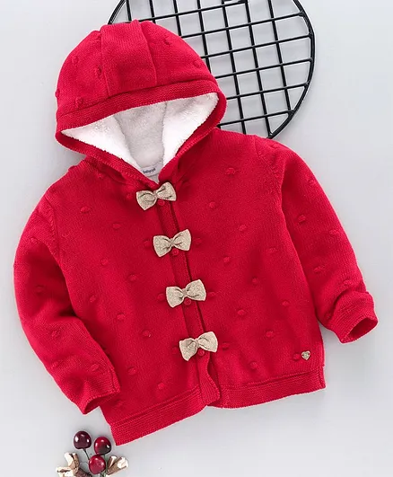 Babyoye 100% Cotton Full Sleeves Hooded Sweater Self Design - Red
