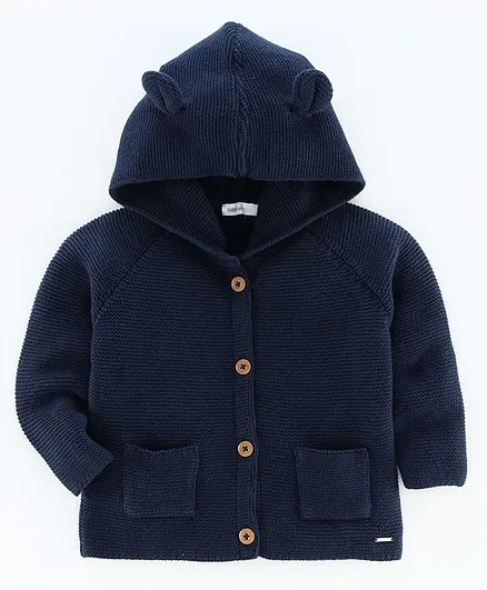 Babyoye 100% Cotton Full Sleeves Hooded Sweater - Navy Blue