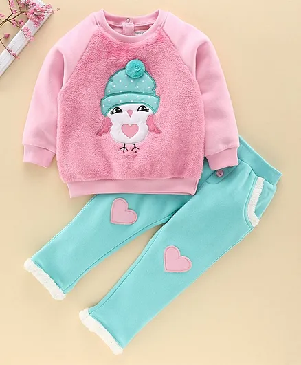 Babyoye 100% Cotton Full Sleeves Sweatshirt & Lounge Pant Penguin Embroidery - Pink Blue