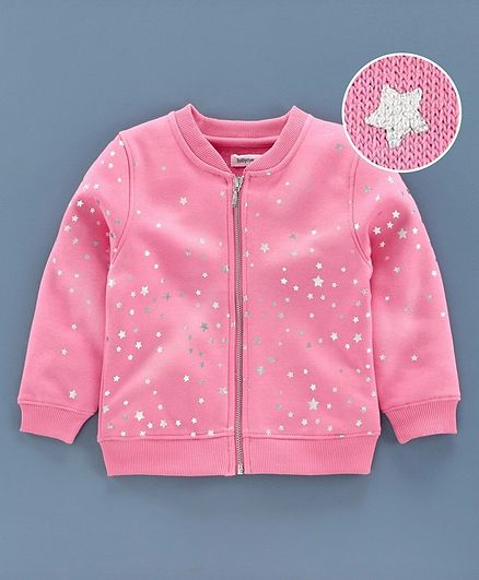 Babyoye 100% Cotton Terry & Looper Full Sleeves Sweat Jacket Star Print - Pink