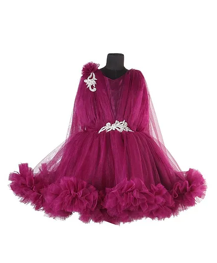 Pink Chick Sleeveless Cape Style Ruffled Hem Dress - Maroon