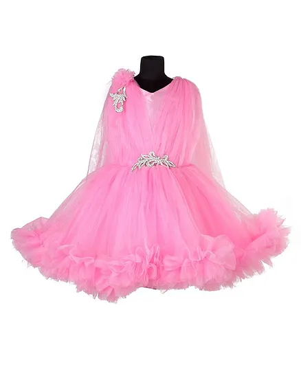 Pink Chick Sleeveless Cape Style Ruffled Hem Dress - Pink