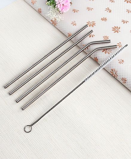 Babyhug Stainless Steel Drinking Straw With Cleaning Brush Set of 5 - Silver