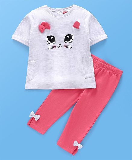 Babyhug Half Sleeves Tee & Leggings Kitty Design - Grey Peach