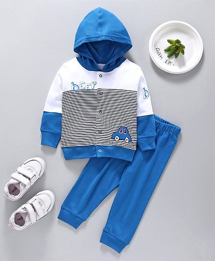 Babyhug Full Sleeves Hooded T-Shirt and Lounge Pant Set Car Print - Blue