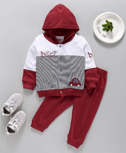 Babyhug Full Sleeves Striped Hooded T-Shirt & Bottom Set - Maroon White