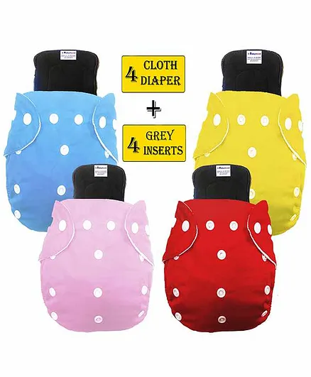 Babymoon Free Size Washable & Reusable 4 Cloth Diapers With 4 Grey Insert Pack of 8 - Multicolor