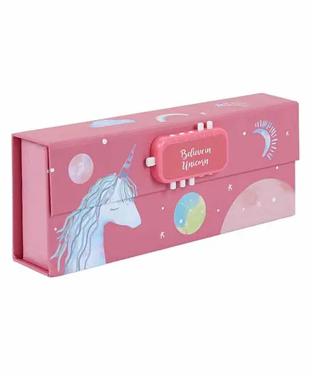 Passion Petals Pencil Box with Lock Code Unicorn Print - Pink