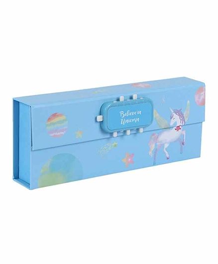 Passion Petals Pencil Box with Lock Code Unicorn Print - Blue