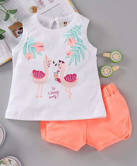 ToffyHouse Sleeveless Tee & Shorts Flamingo Print - White Orange