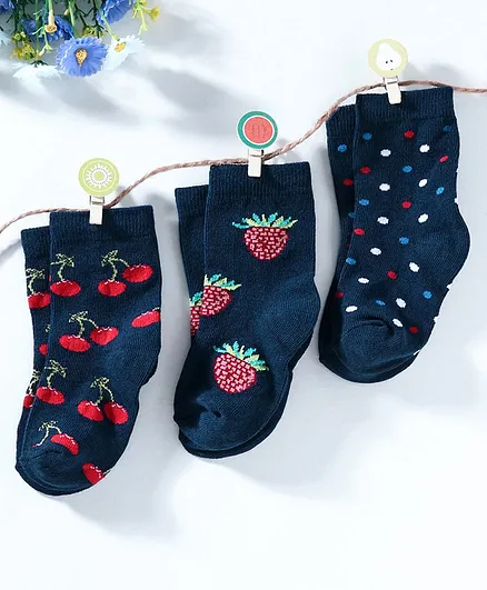 Cute Walk By Babyhug Anti-Bacterial Ankle Length Socks Fruit Design - Navy Blue