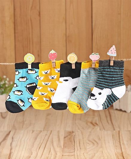 Cute Walk by Babyhug Antibacterial Ankle Length Socks Multi Design Pack of 5 Pairs - Yellow White