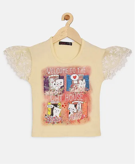 Ziama Welcome To The Cat House Print Cap Sleeves Top - Cream