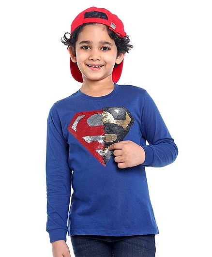Pine Kids Full Sleeves Biowashed Tee Superman Reversible Sequin - Blue