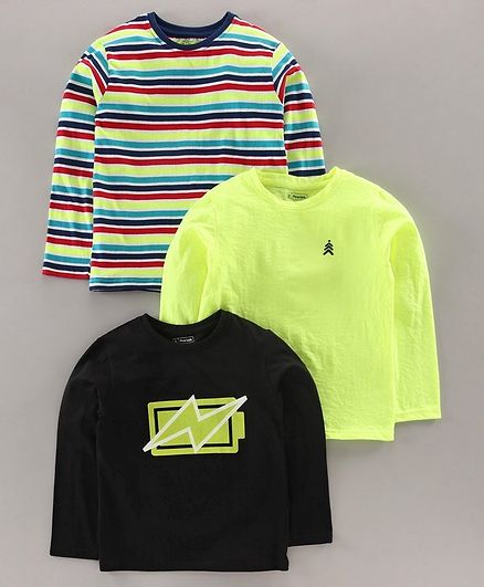 Pine Kids Full Sleeves Biowashed Tees Pack of 3 - Black Light Green Multicolour