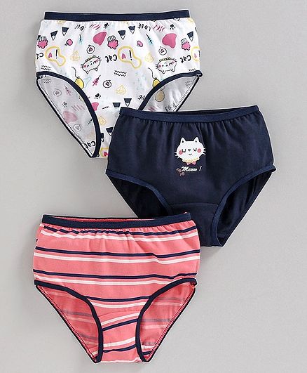 Red Rose Panties Kitty Print Pack of 3 - Pink Navy Blue White