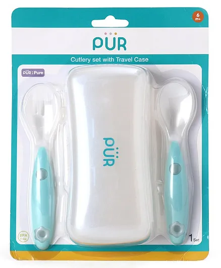 Pur Baby Cutlery Set with Travel Case -White Sea Green