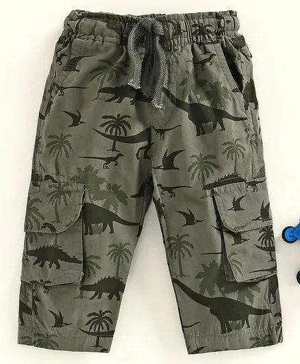 Cucumber Full Length Pant with Drawstring Dino Print - Olive Green