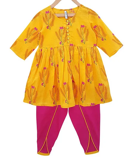 Campana Three Fourth Sleeves Floral Printed Kurta & Dhoti Set - Yellow & Pink