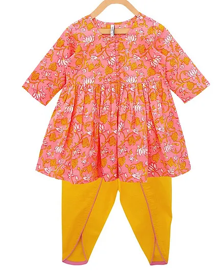Campana Three Fourth Sleeves Flowers Printed Kurta & Dhoti Set - Pink & Yellow