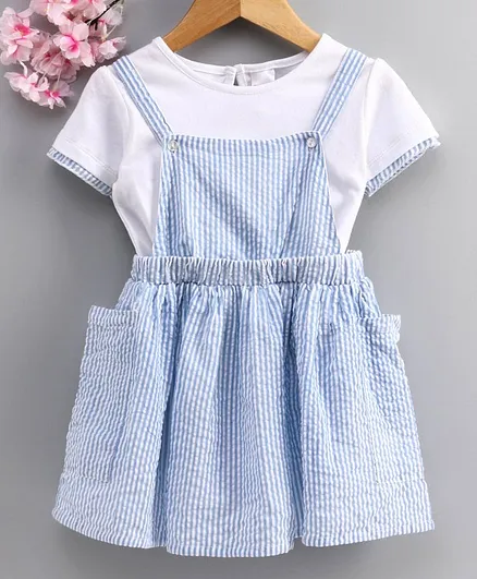 Babyhug Dungaree Style Striped Frock with Half Sleeves Inner Tee - Blue White
