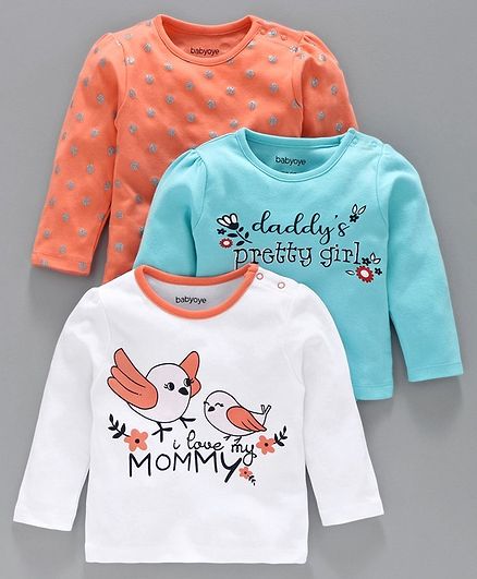 Babyoye Full Sleeves Cotton Tee Pack of 3 - Blue Orange White