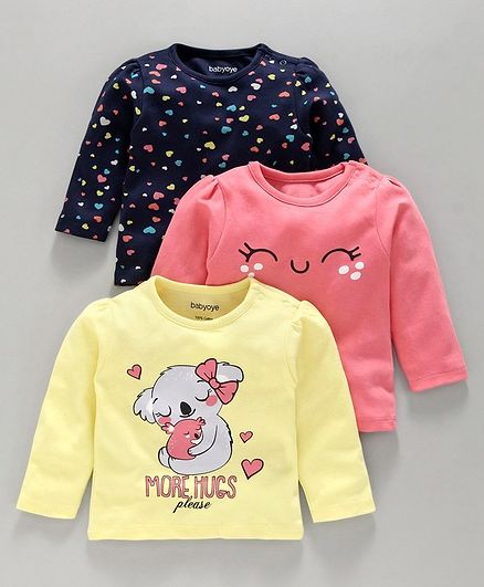 Babyoye Full Sleeves Printed Cotton Tee Pack of 3 - Pink Yellow Navy