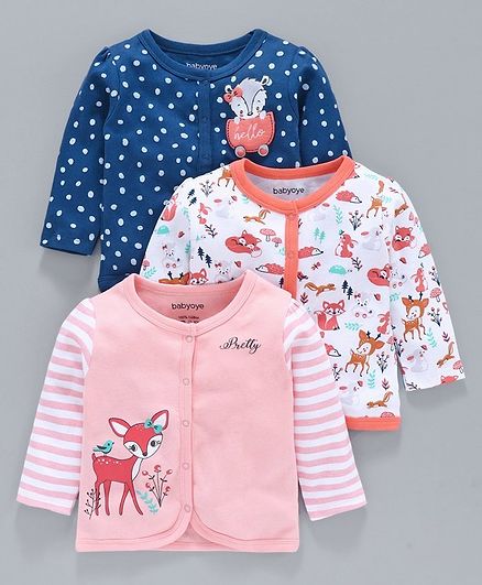 Babyoye 100% Cotton Full Sleeves Vests Pack of 3 - Blue Pink White