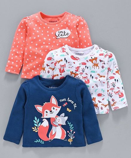 Babyoye Full Sleeves Cotton Tee Pack of 3 - Blue Orange White