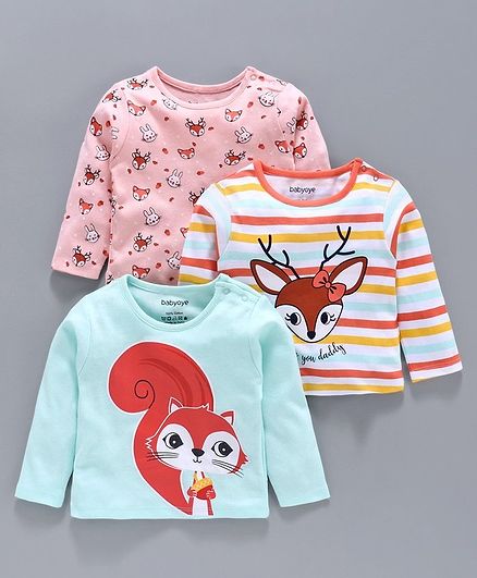 Babyoye Cotton Full Sleeves Tee Pack of 3 - Pink Blue