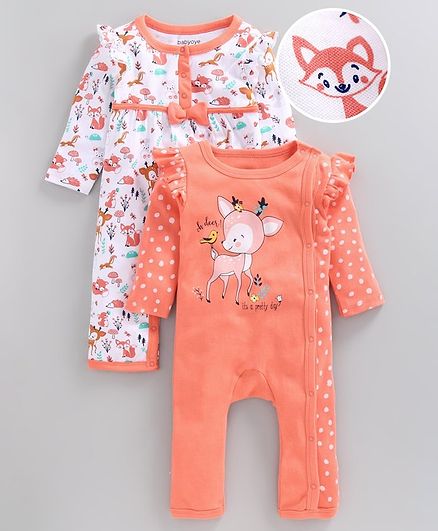 Babyoye Full Sleeves Cotton Romper Animal Print Pack of 2 - White Peach