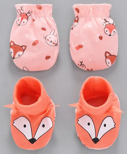 Babyoye Mittens and Booties Fox Print - Peach