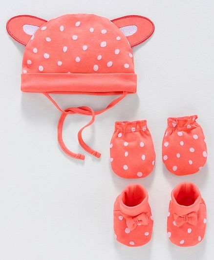 Babyoye Cotton Cap & Mittens With Booties Dot Print - Coral