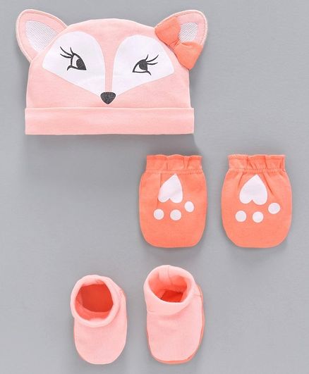 Babyoye Cap Mittens and Booties Set Kitty Print - Peach