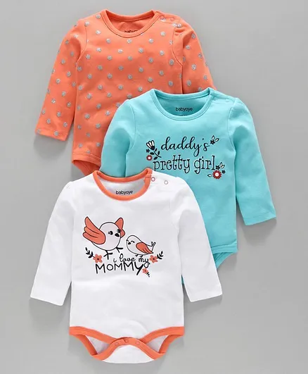 Babyoye Cotton Full Sleeves Onesie Bird Print Pack of 3 - Multicolor
