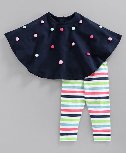 Babyoye Cotton Pom Pom Embroidered Poncho with Striped Leggings - Navy Blue