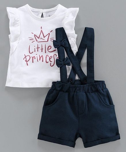 Babyoye Cotton Short Sleeves Top with Shorts & Suspenders Little Princess Print - White Blue