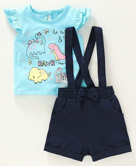 Babyoye Cotton Flutter Sleeves Top with Shorts & Suspenders Dino Print - Blue