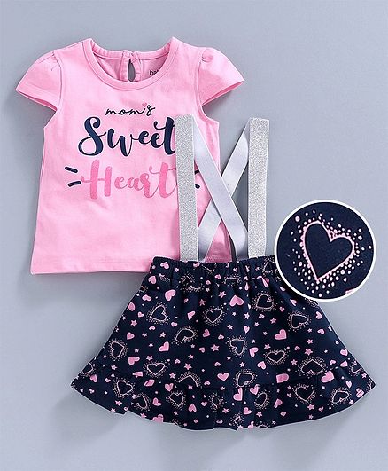 Babyoye Cotton Lycra Cap Sleeves Top and Skirt with Suspenders Sequins Design - Pink