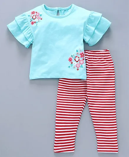 Babyoye Half Sleeves Winter Wear Cotton Top and Legging Set Floral Print - Blue