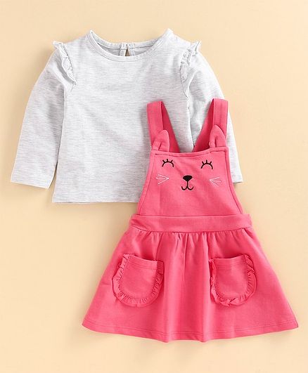 Babyoye Cotton Frock With Inner Tee Kitty Design - Light Grey Pink
