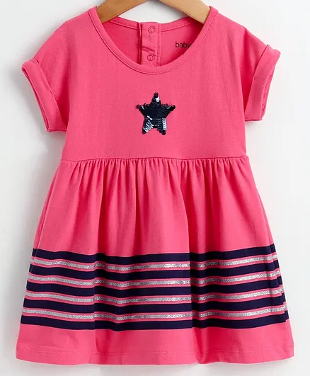 Babyoye Cotton Short Sleeves Frock Sequinned Star Detailing - Pinkj