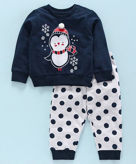 Babyoye Cotton Full Sleeves Tee with Lounge Pant Panda Print - Navy Blue Grey