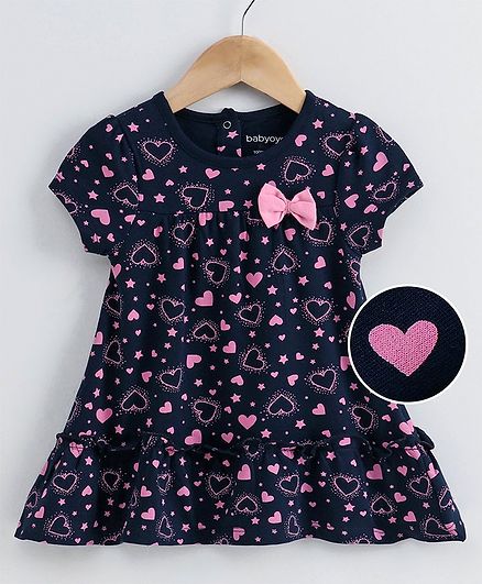 Babyoye Cotton Lycra Puffed Sleeves Frock Heart Print - Navy Blue