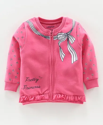 Babyoye Brushed Fleece Full Sleeves Sweat Jacket Bow Print - Pink