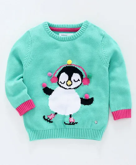Babyoye Full Sleeves Sweater Penguin Design - Sea Green