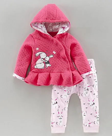 Babyoye Full Sleeves Hooded Sweat Jacket & Diaper Leggings Bunny Print - Pink