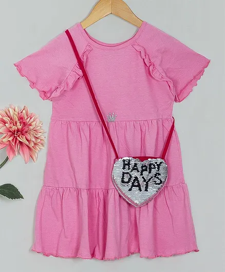Tiara Half Sleeves Solid Tiered Dress With Sequin Sling Bag - Baby Pink