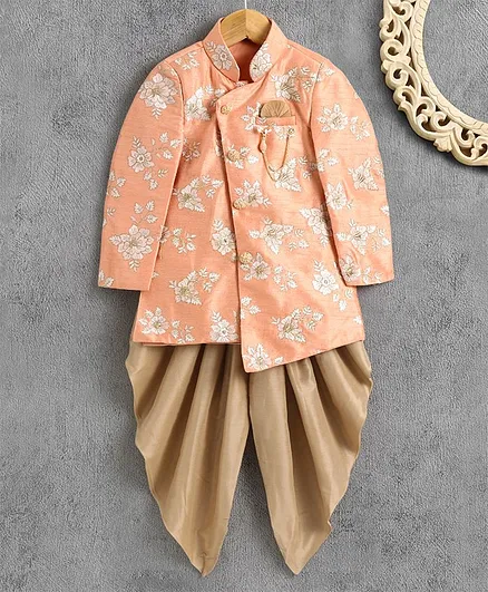 Dapper Dudes Full Sleeves Flower Embroidery Detailing Kurta With Dhoti - Peach